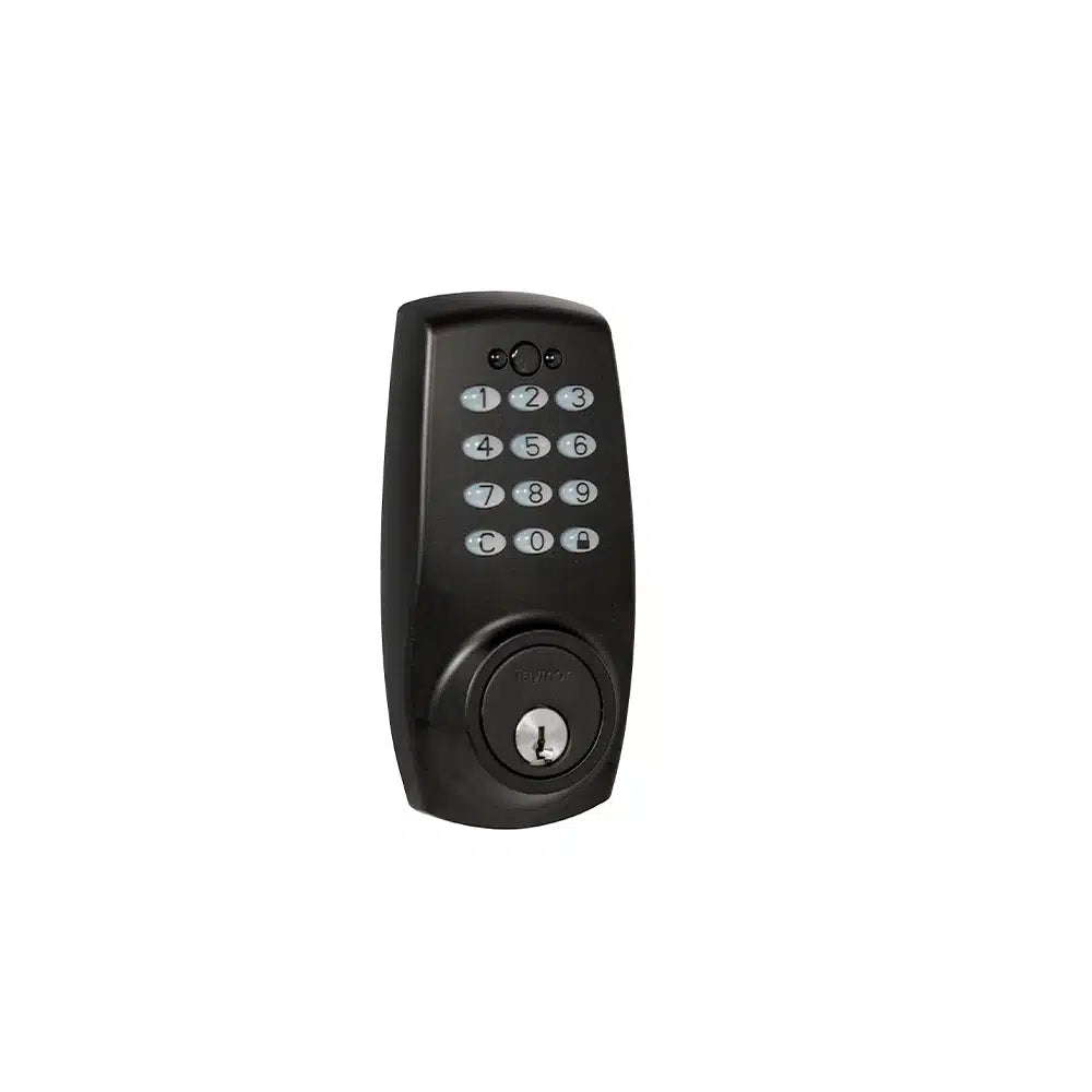 The Taymor Industries black electronic keypad door lock features numbered buttons 0–9, a lock button, a motorized deadbolt for extra security, and a traditional keyhole at the bottom.