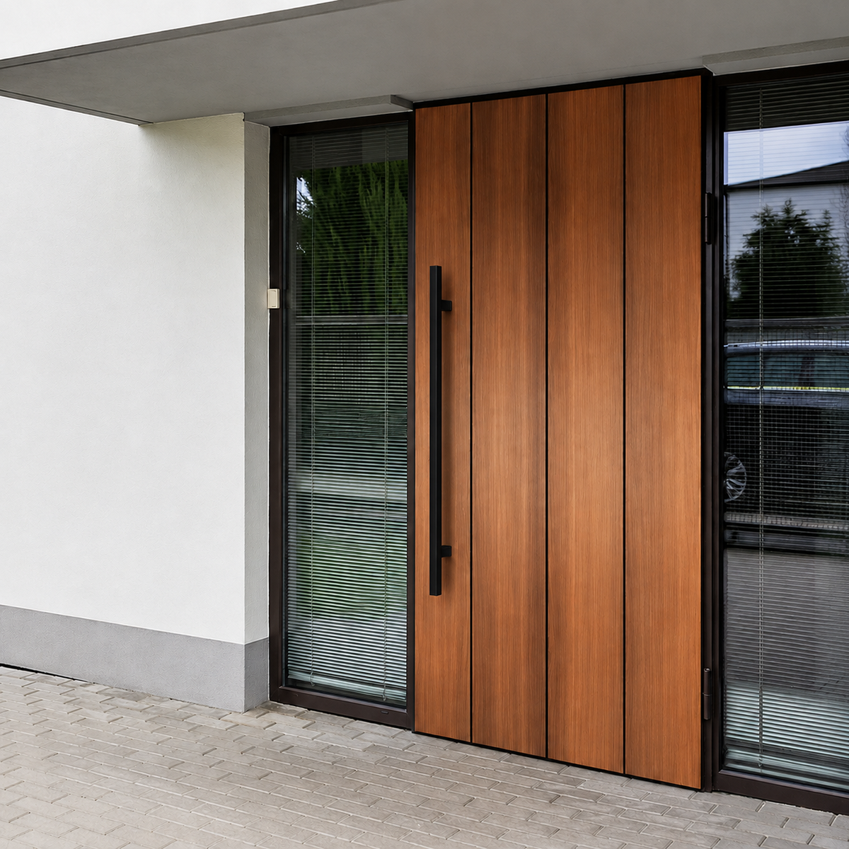 A black square door handle installed in a brown door
