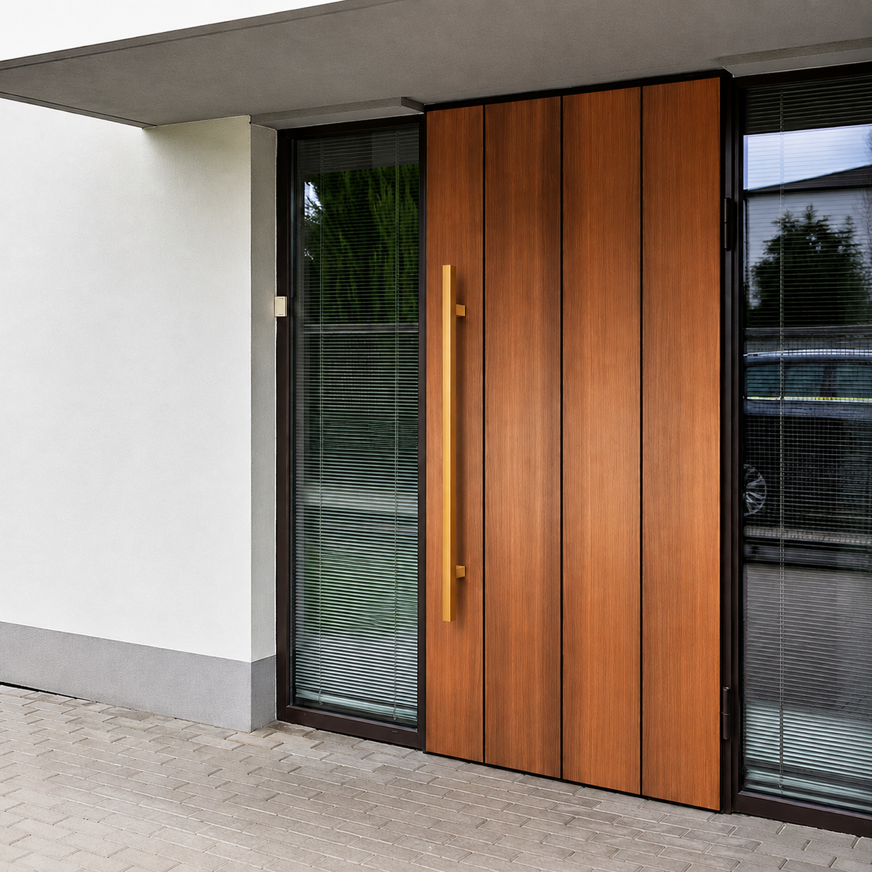 A gold square door handle installed in a brown door
