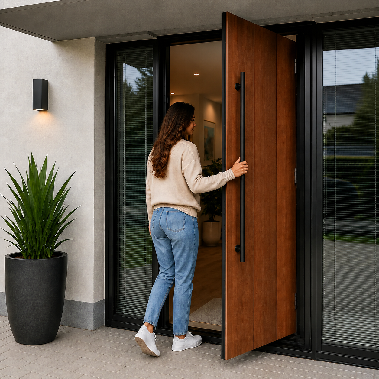 A woman holding the round door pull handle going inside