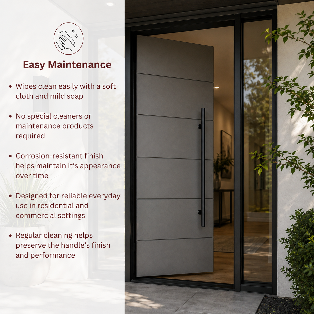 A modern black entry door setting with a text overlay on the left detailing easy maintenance benefits.
