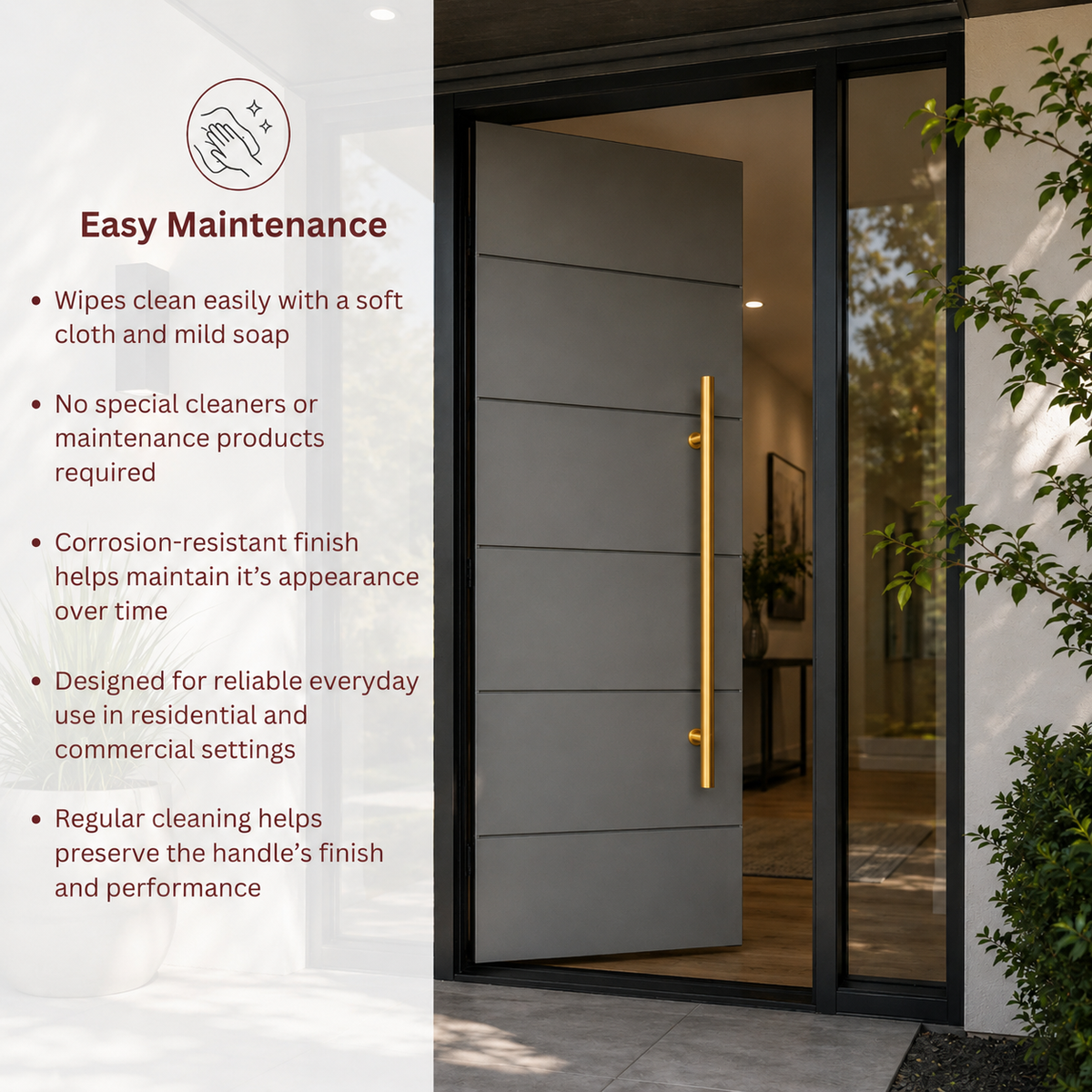 A modern gold entry door setting with a text overlay on the left detailing easy maintenance benefits.
