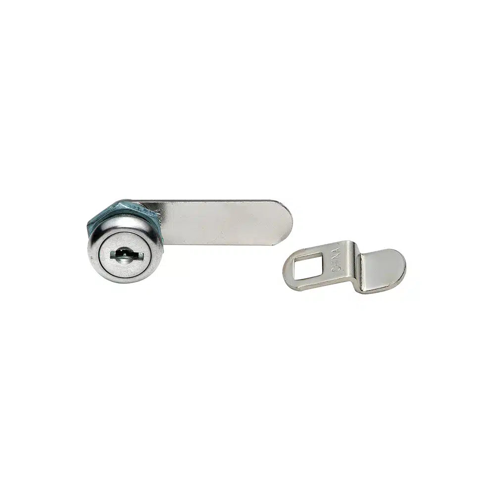 A Taymor Industries key-operated metal cam lock with a flat rectangular locking arm and a separate small latch piece. Made from durable zinc diecast, it's ideal for cabinet locks and secure storage, shown on a white background.