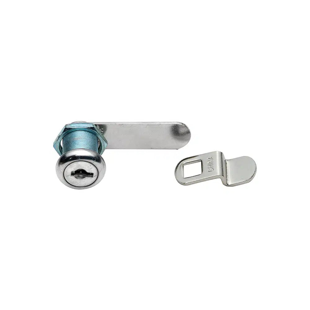 A Taymor Industries zinc diecast cam lock with cylindrical body, key-operated mechanism, attached flat locking arm, and separate flat cam plate on a white background—perfect for cabinet security.