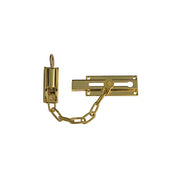 The Taymor Industries gold-colored brass-plated door chain lock features a rectangular plate, welded steel chain, and cylindrical holder for extra door security. Plain white background.