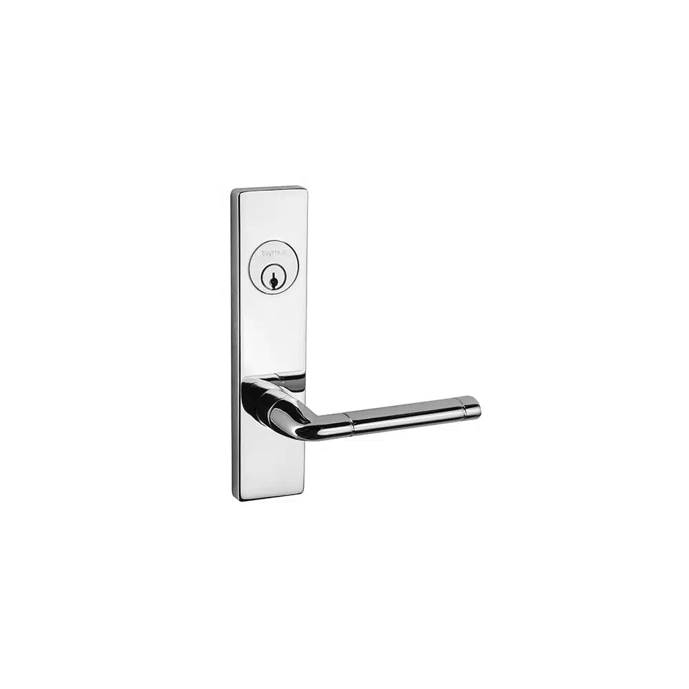 A modern Taymor Industries silver door handle and lock with a heavy-duty steel case and SC1 6-pin keyway on a rectangular backplate, isolated on a white background.