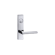 A modern, rectangular chrome door handle by Taymor Industries with a horizontal lever and integrated keyhole, featuring a secure 6-pin keyway, displayed on a white background.