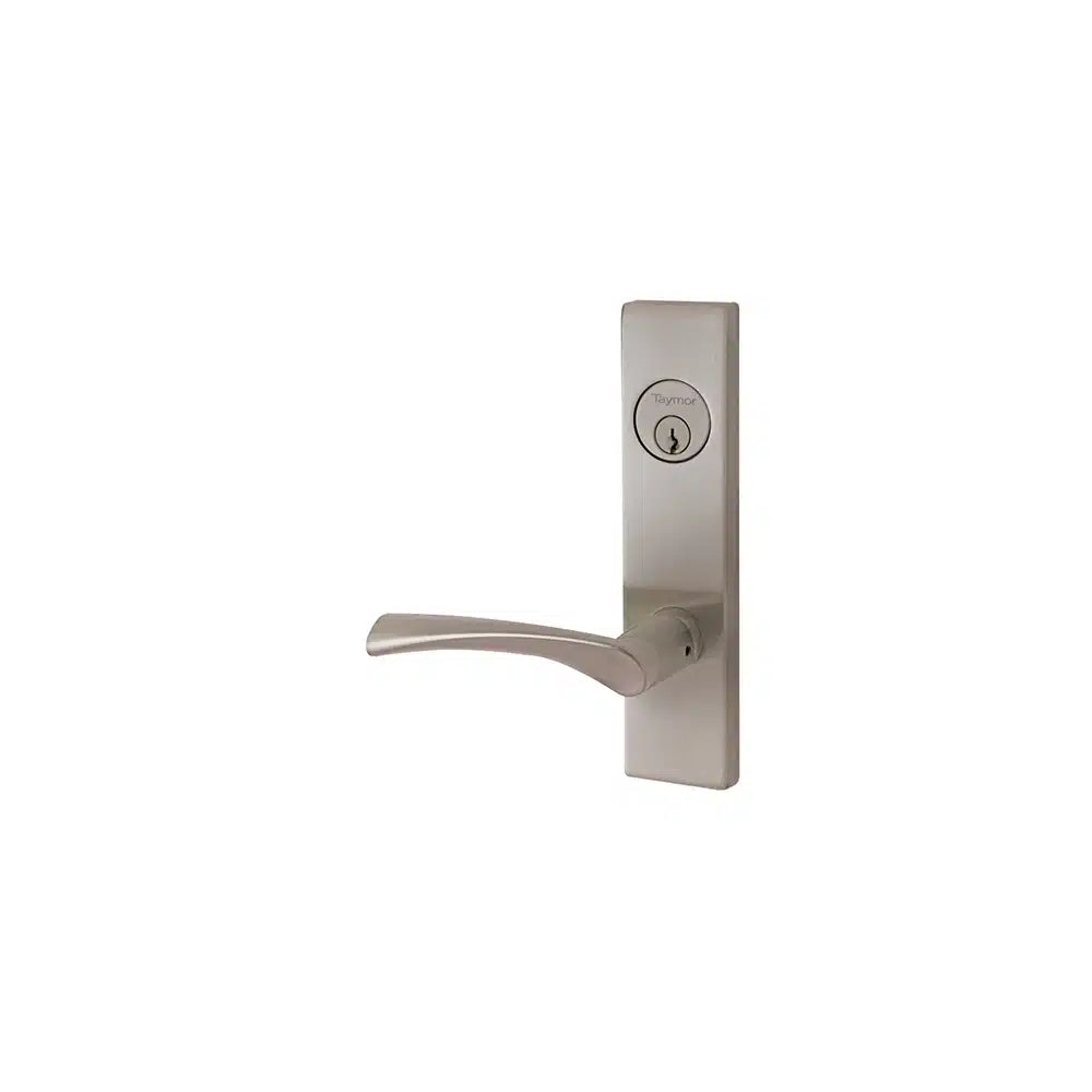 The Taymor Industries brushed metal door lever handle features a rectangular backplate, a keyhole above the handle, and a 6-pin keyway for secure, heavy-duty steel case fire door lock applications. Shown isolated on white.