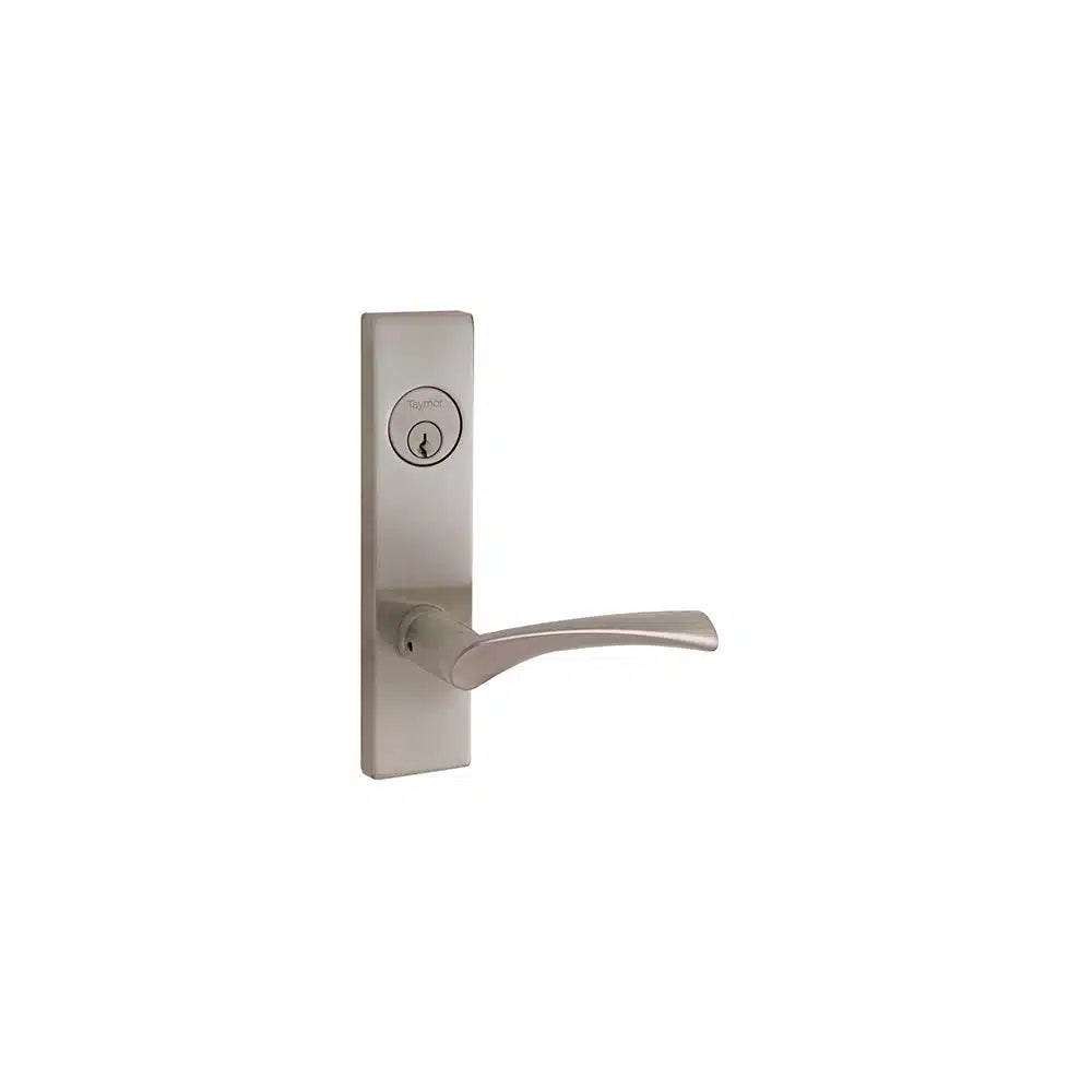 A modern Taymor Industries silver door handle with a rectangular base plate and 6-pin keyway above the lever, set against a plain white background.