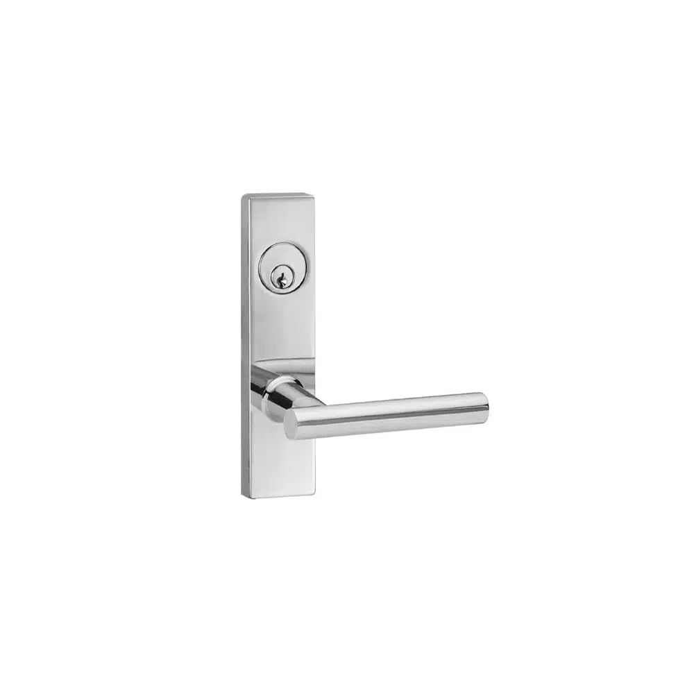 A modern Taymor Industries rectangular silver door handle with a cylindrical lever, built-in keyhole above the handle, and a 6-pin keyway is mounted on a plain white background.