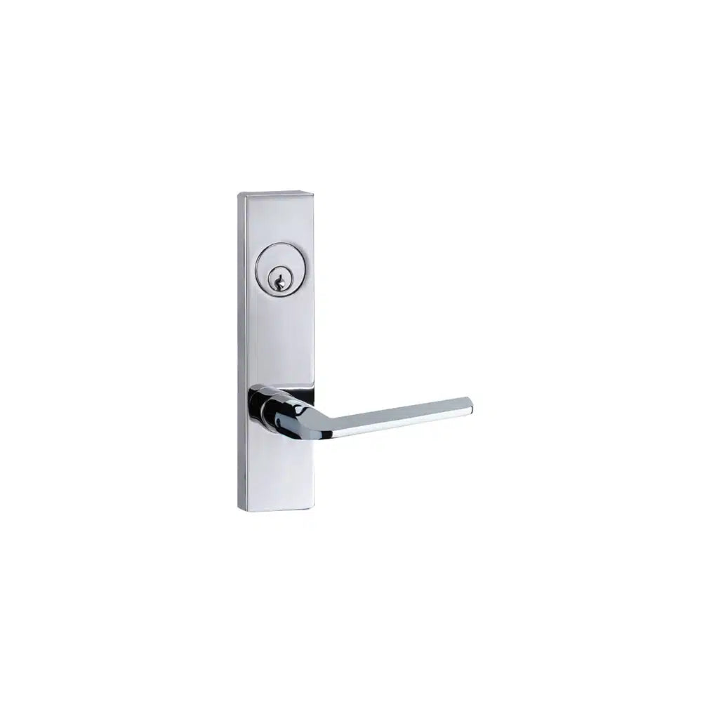 A modern, rectangular chrome door handle from Taymor Industries features a 6-pin keyway lock above the handle, all mounted on a matching backplate against a white background.