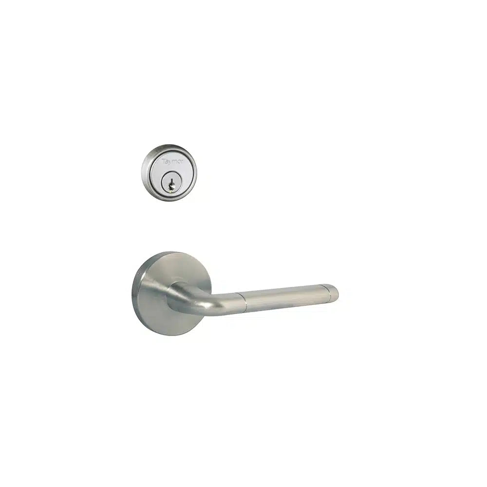 A Taymor Industries silver lever door handle with a round SC1 6-pin keyhole lock is shown on a plain white background.