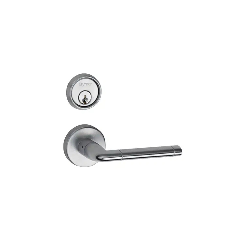 A modern silver door handle paired with a matching round deadbolt lock featuring an SC1 6-pin keyway, both mounted on a white background. The Taymor Industries brand name is visible on the deadbolt.