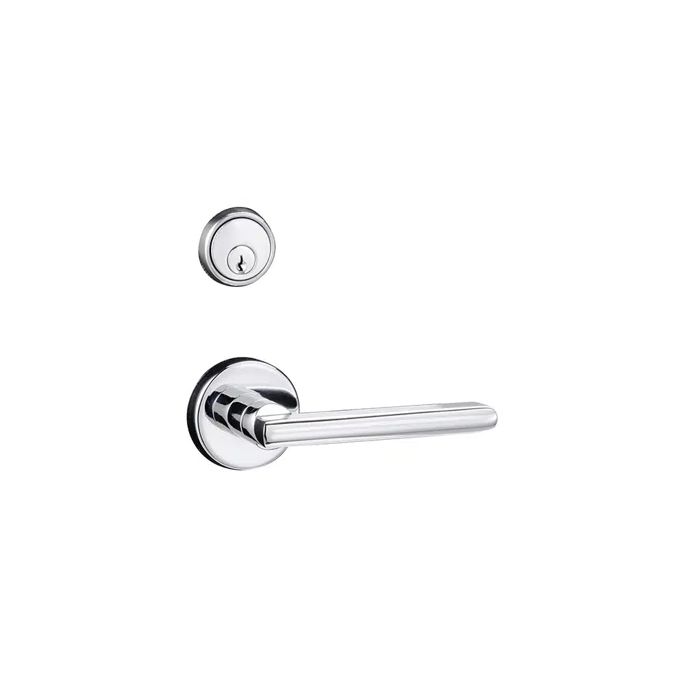 A Taymor Industries modern silver door lever handle and round deadbolt lock with a heavy duty steel case and 6-pin keyway, shown against a white background.