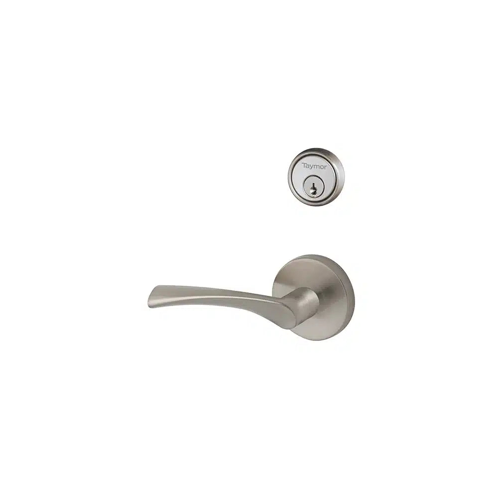 A Taymor Industries brushed nickel door handle with a matching round keyhole lock above, both on a white background. The modern curved handle features a 6-pin keyway for enhanced security and contemporary style.
