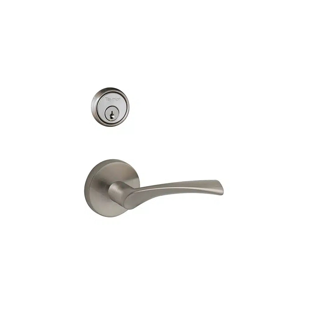A Taymor Industries satin nickel door handle with a curved lever and matching round deadbolt, both in durable heavy-duty steel, are shown mounted on a white background.