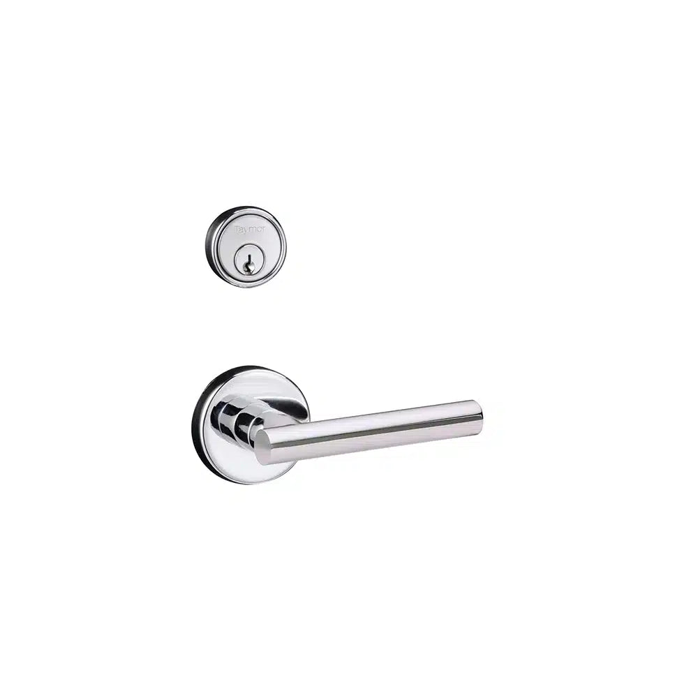 A Taymor Industries modern door handle and separate deadbolt lock with a 6-pin keyway in shiny chrome finish against a white background.