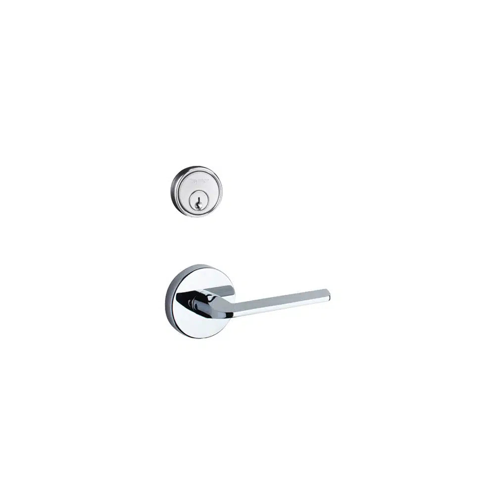 A modern Taymor Industries chrome door handle with a matching round deadbolt lock featuring a secure 6-pin keyway, both mounted on a white background.