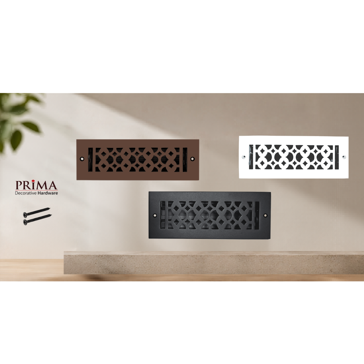 Combination of floor register with holes and screws

