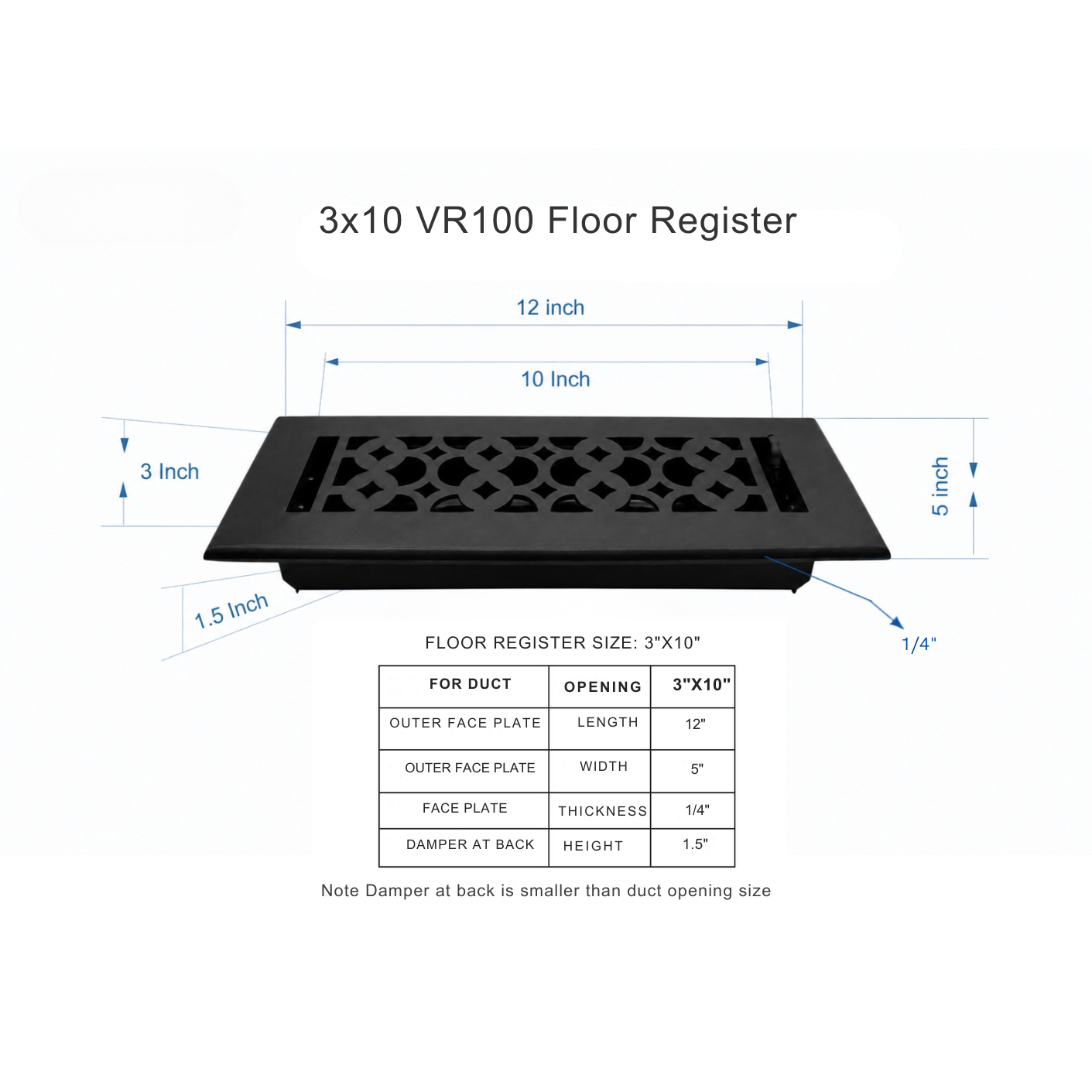 Dimension size guide for floor register