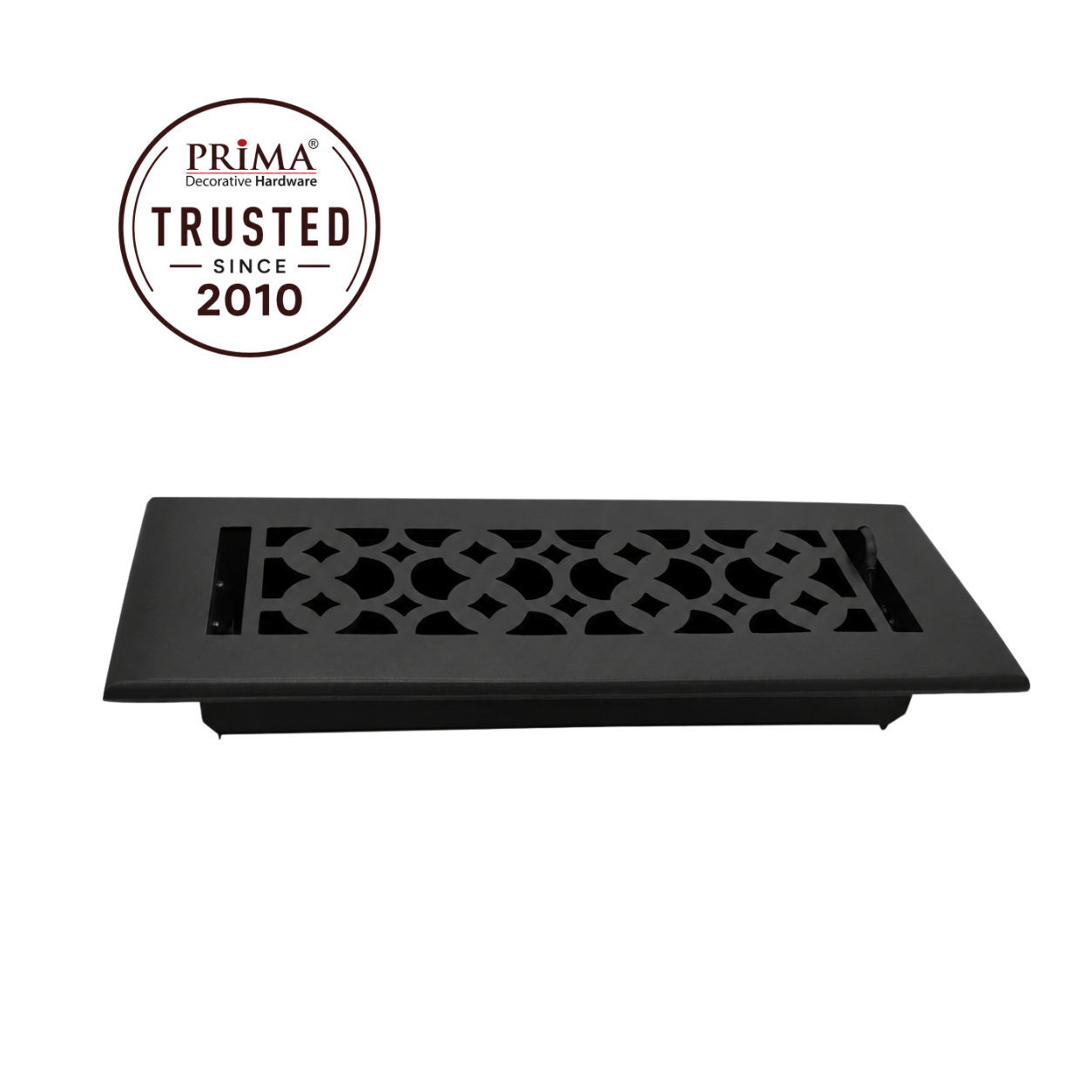Black floor register with trust badge 
