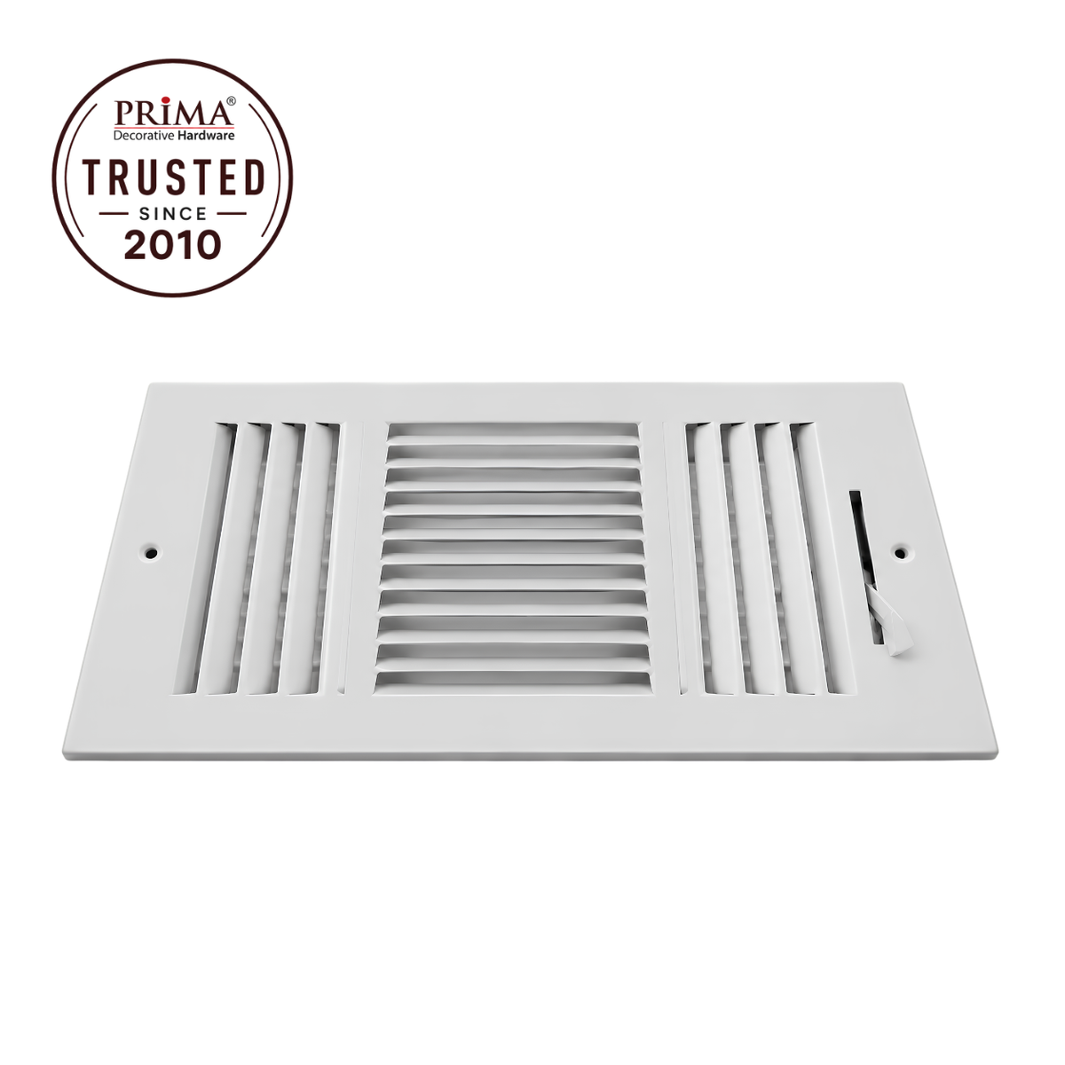 10 x 8 Three-Way Air Register Grille in white steel with adjustable damper and Prima Trusted Since 2010 badge
