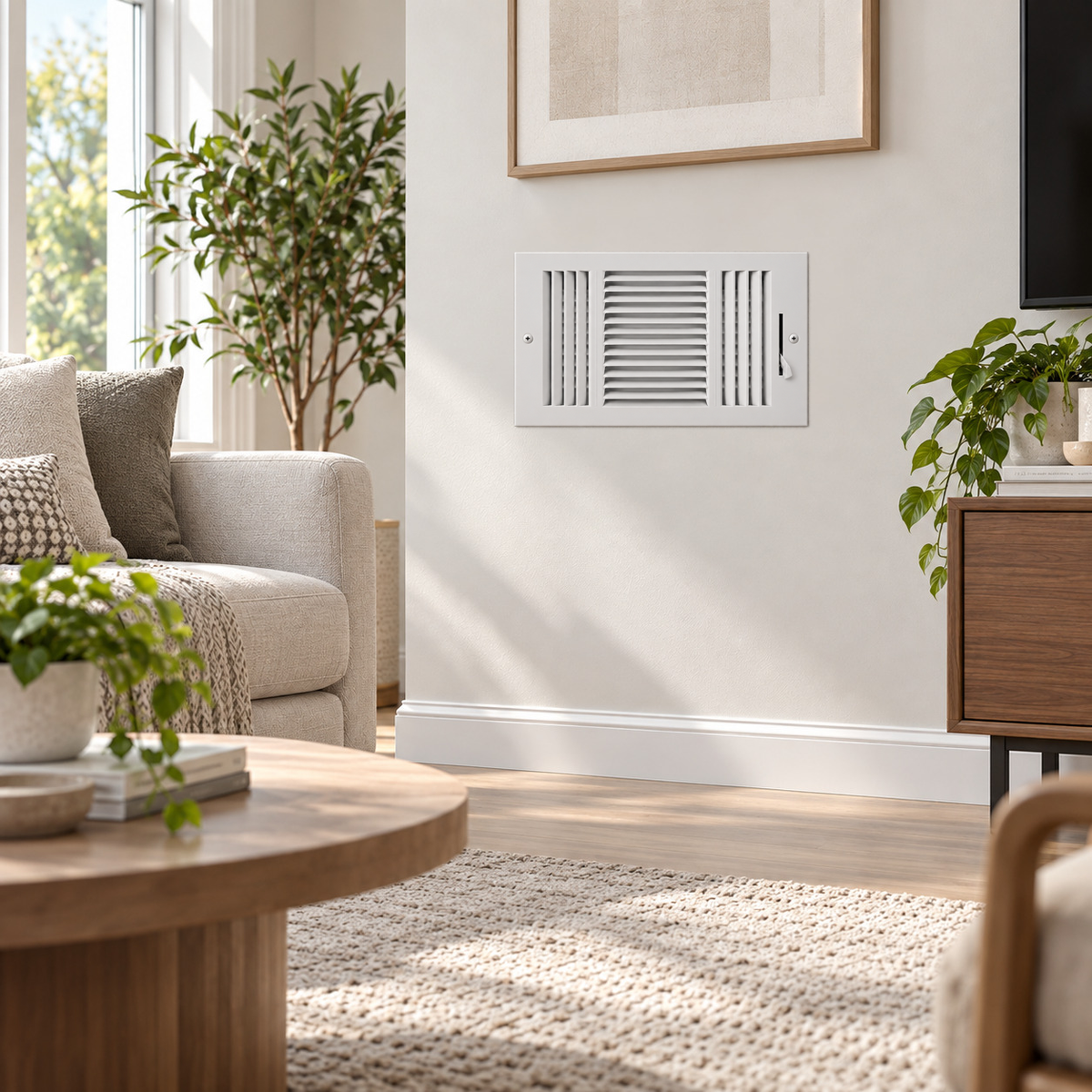 10 x 8 Three-Way Air Register Grille installed on living room wall with white steel vent cover and adjustable damper

