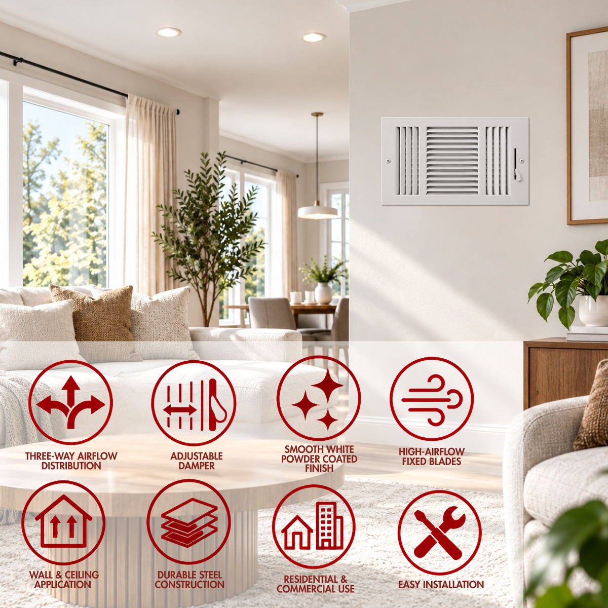 10 x 8 Three-Way Air Register Grille with icons showing airflow, adjustable damper and wall or ceiling use
