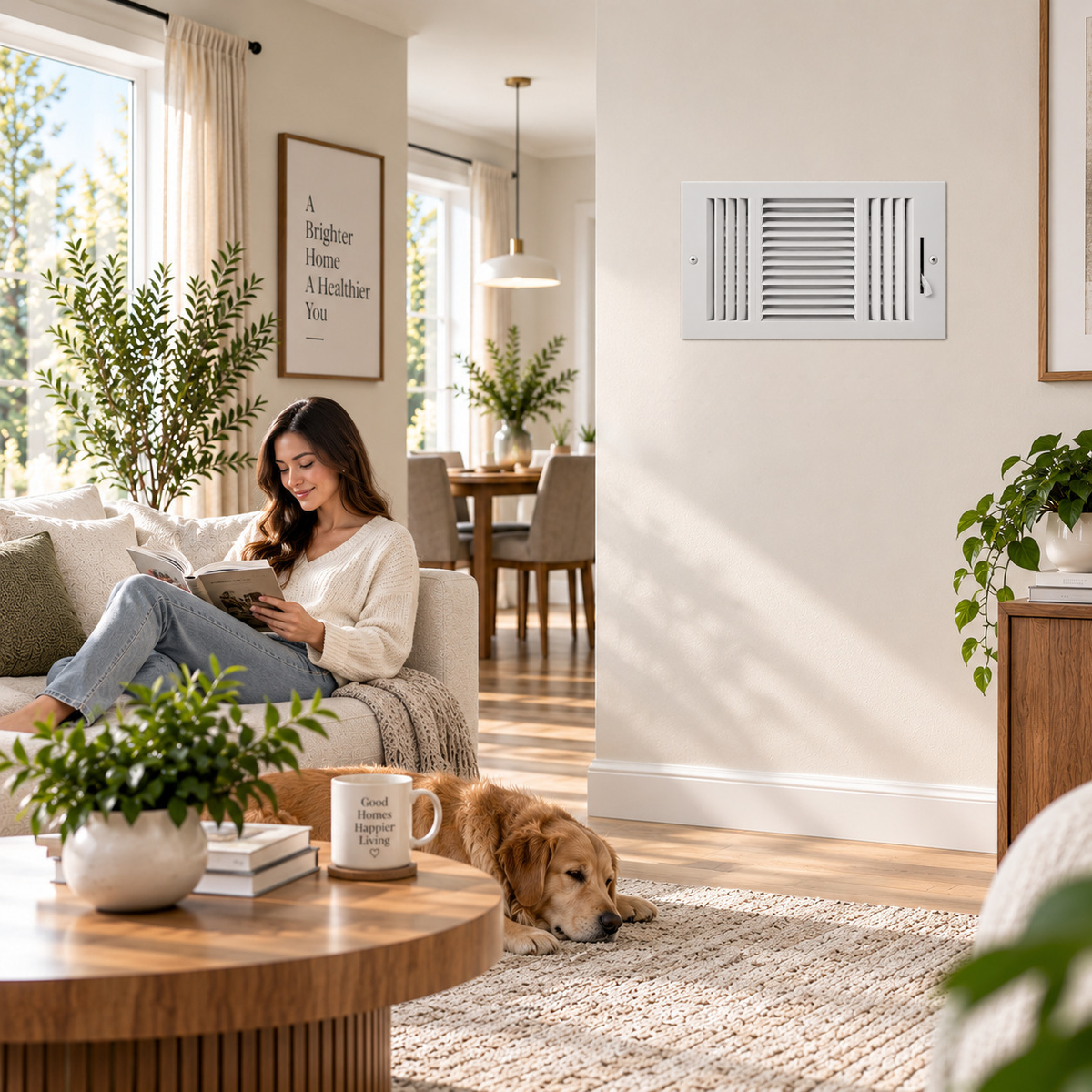 Three-Way Air Register Grille installed on a living room wall with white steel HVAC vent cover and adjustable damper
