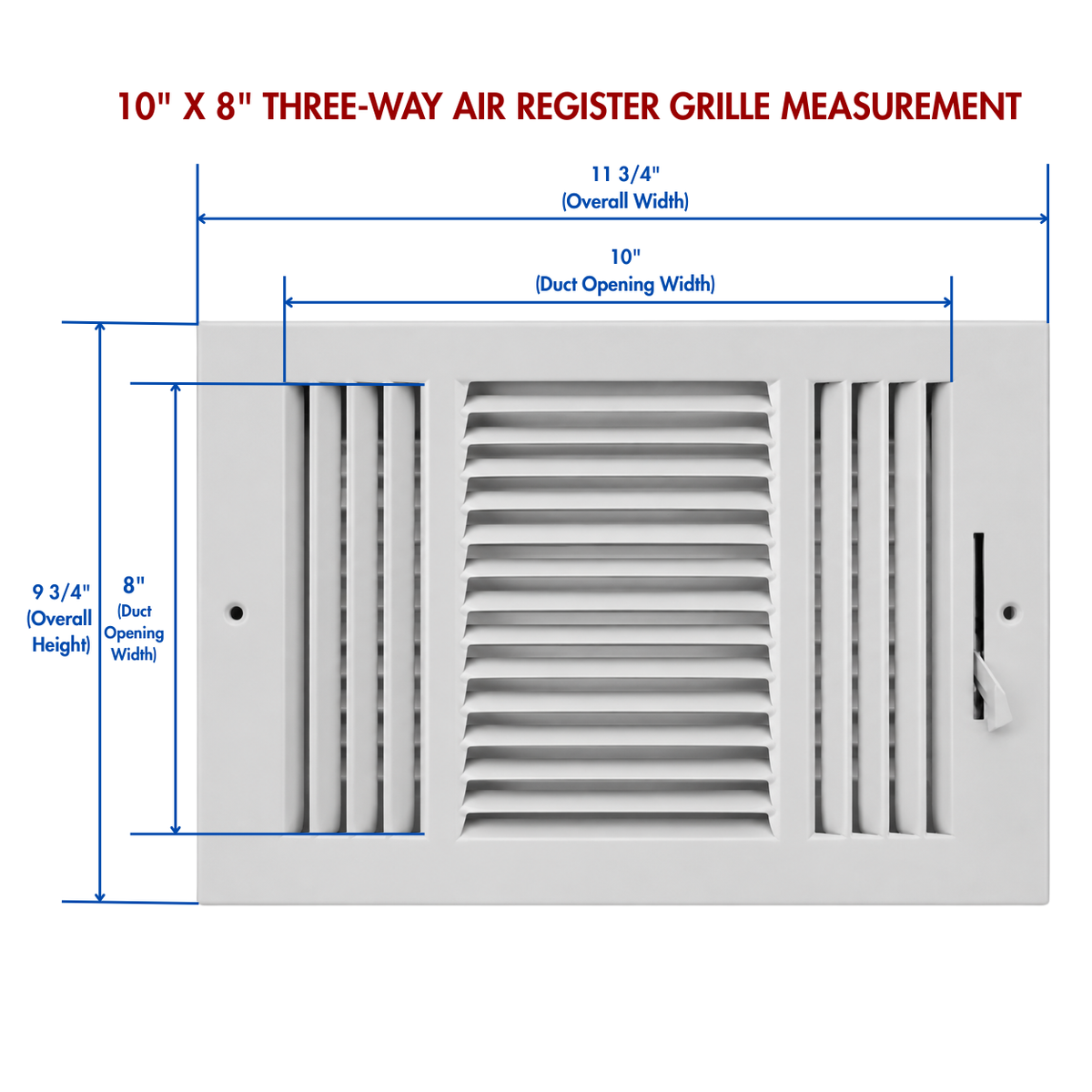 Three-Way Air Register Grille measurement guide showing duct opening and overall dimensions for white steel HVAC vent cover
