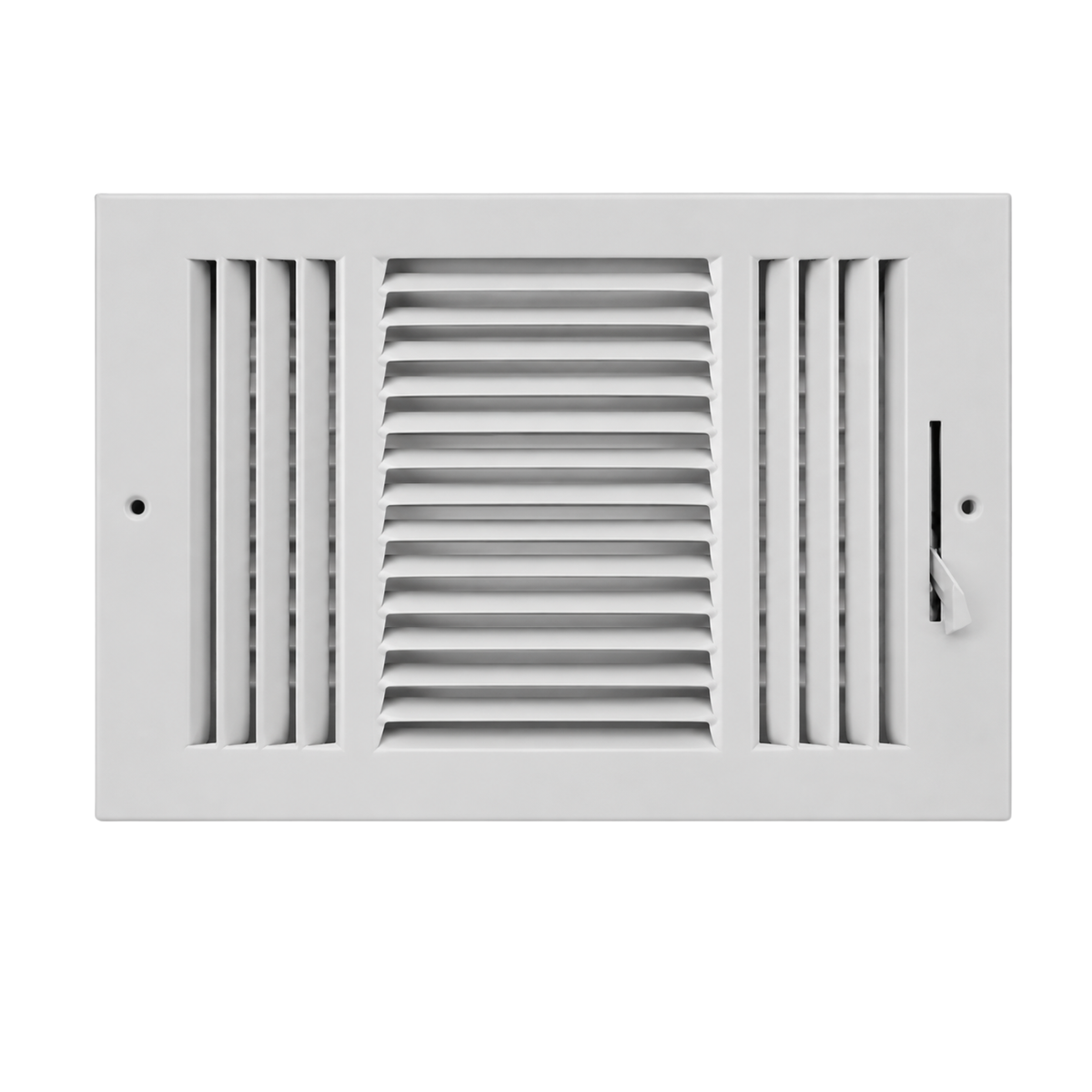 10 x 8 Three-Way Air Register Grille in white steel with adjustable damper for sidewall and ceiling HVAC installation
