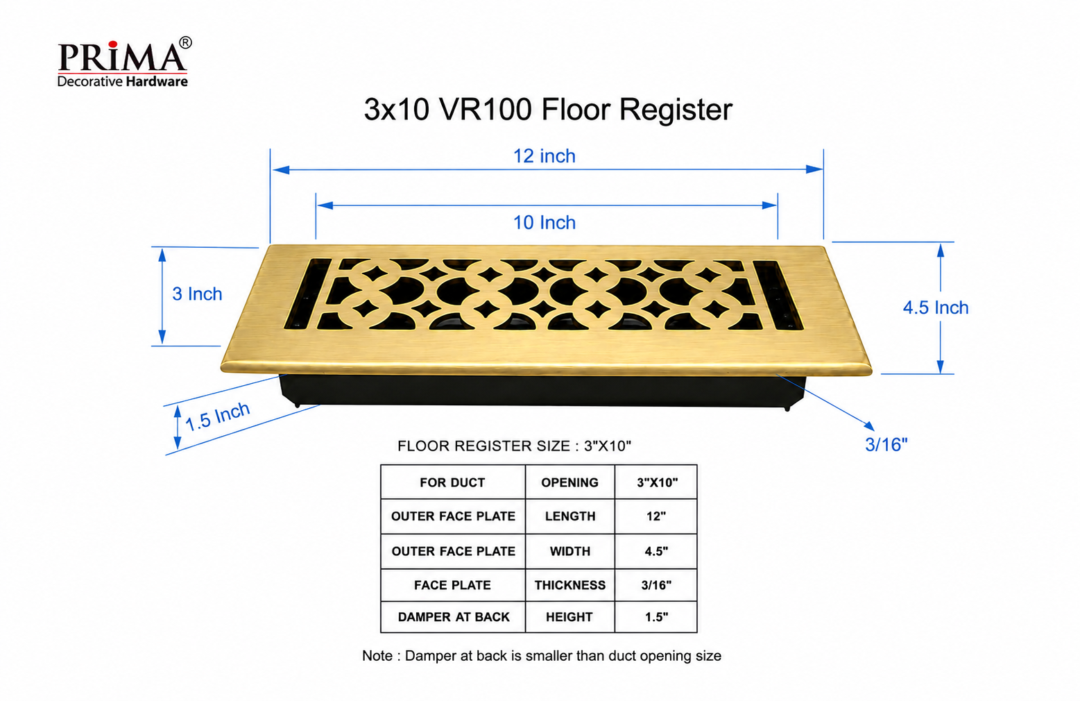 3" x 10" Cast Aluminum Floor Register with Damper | Tudor Mushroom VR100 Brushed Gold