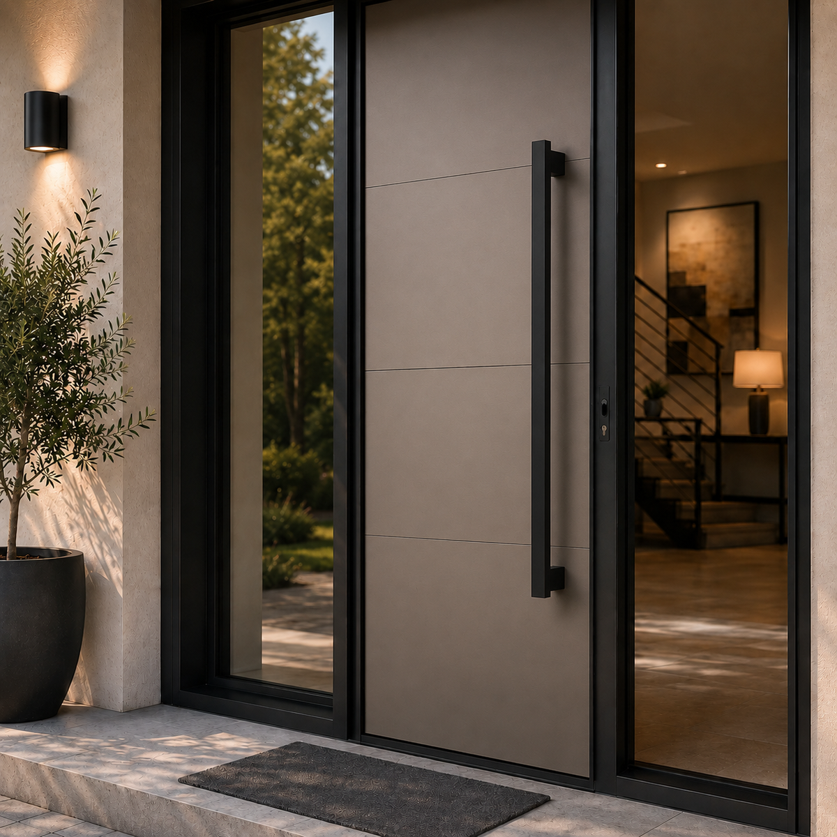 A black rectangle door handle installed in a brown door
