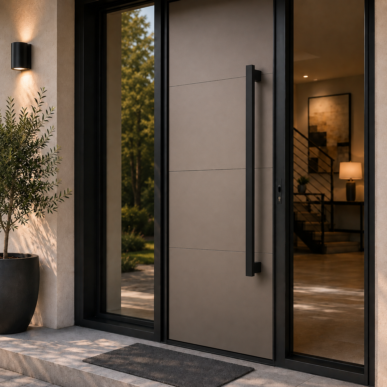 A black rectangle door handle installed in a brown door
