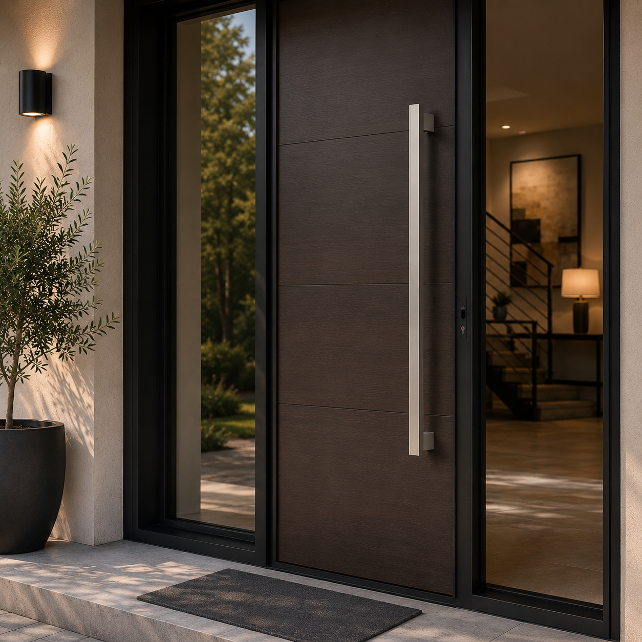 A satin rectangle door handle installed in a brown door
