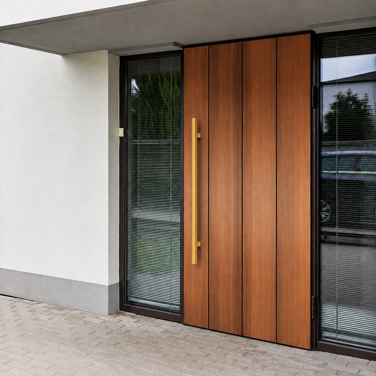 A gold rectangle door handle installed in a brown door
