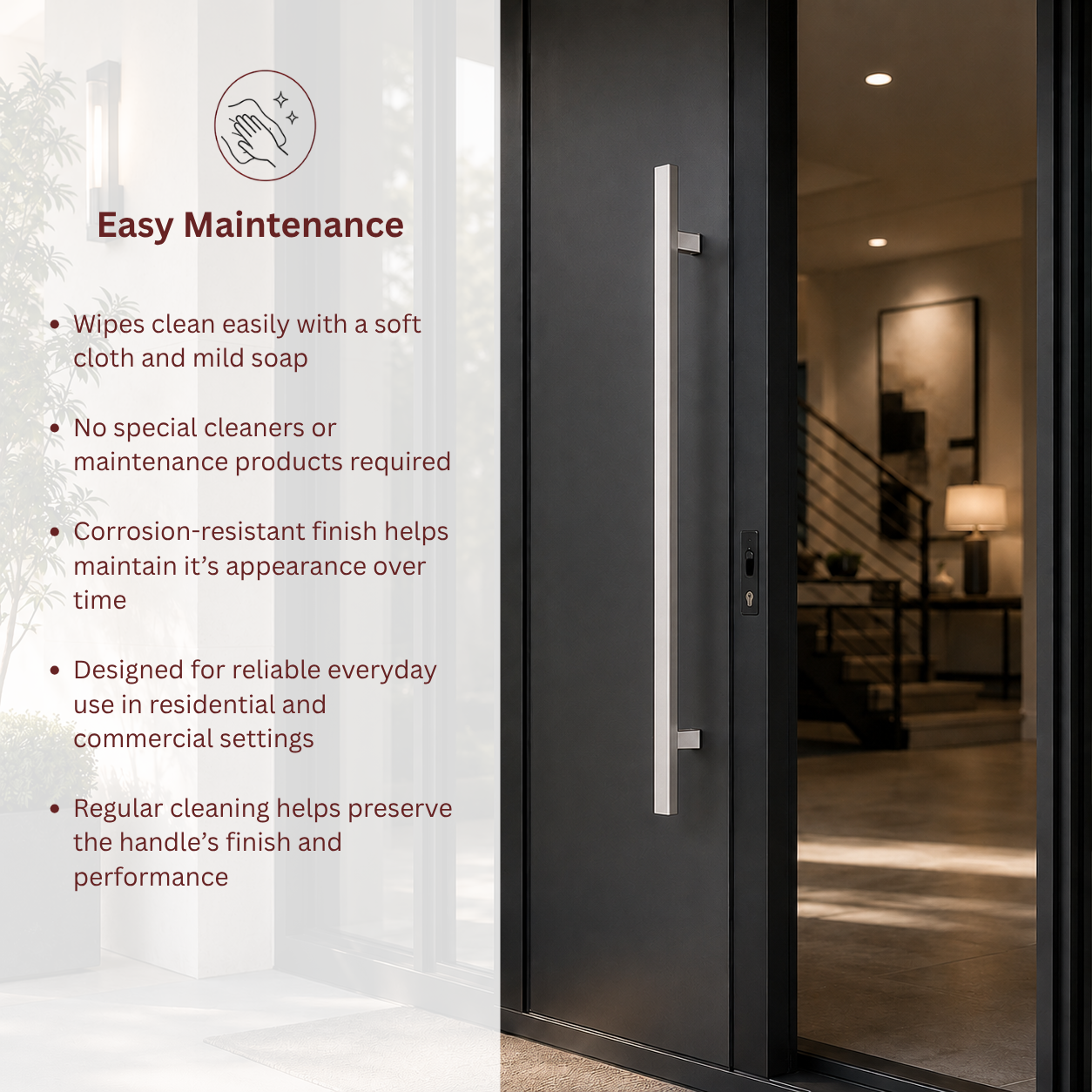 A black exterior door with a slim vertical handle, shown in a real entryway setting with a glass side panel 
