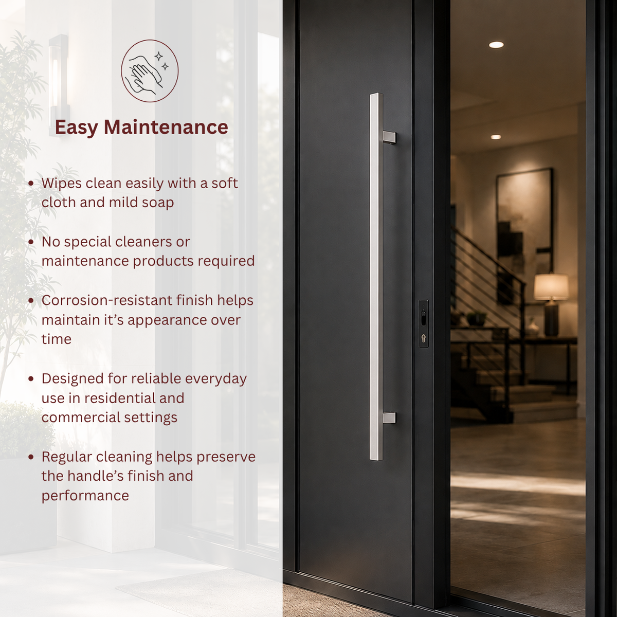 A black exterior door with a slim vertical handle, shown in a real entryway setting with a glass side panel 
