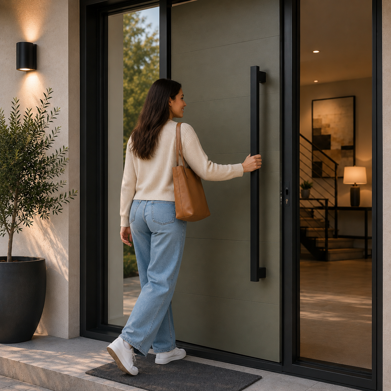 A woman holding the rectangle door pull handle going inside
