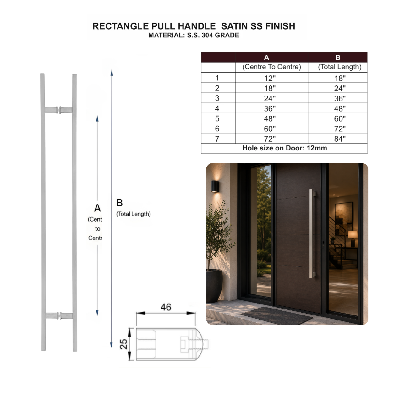 Technical specification and size chart for a satin stainless steel for rectangle door pull handle 
