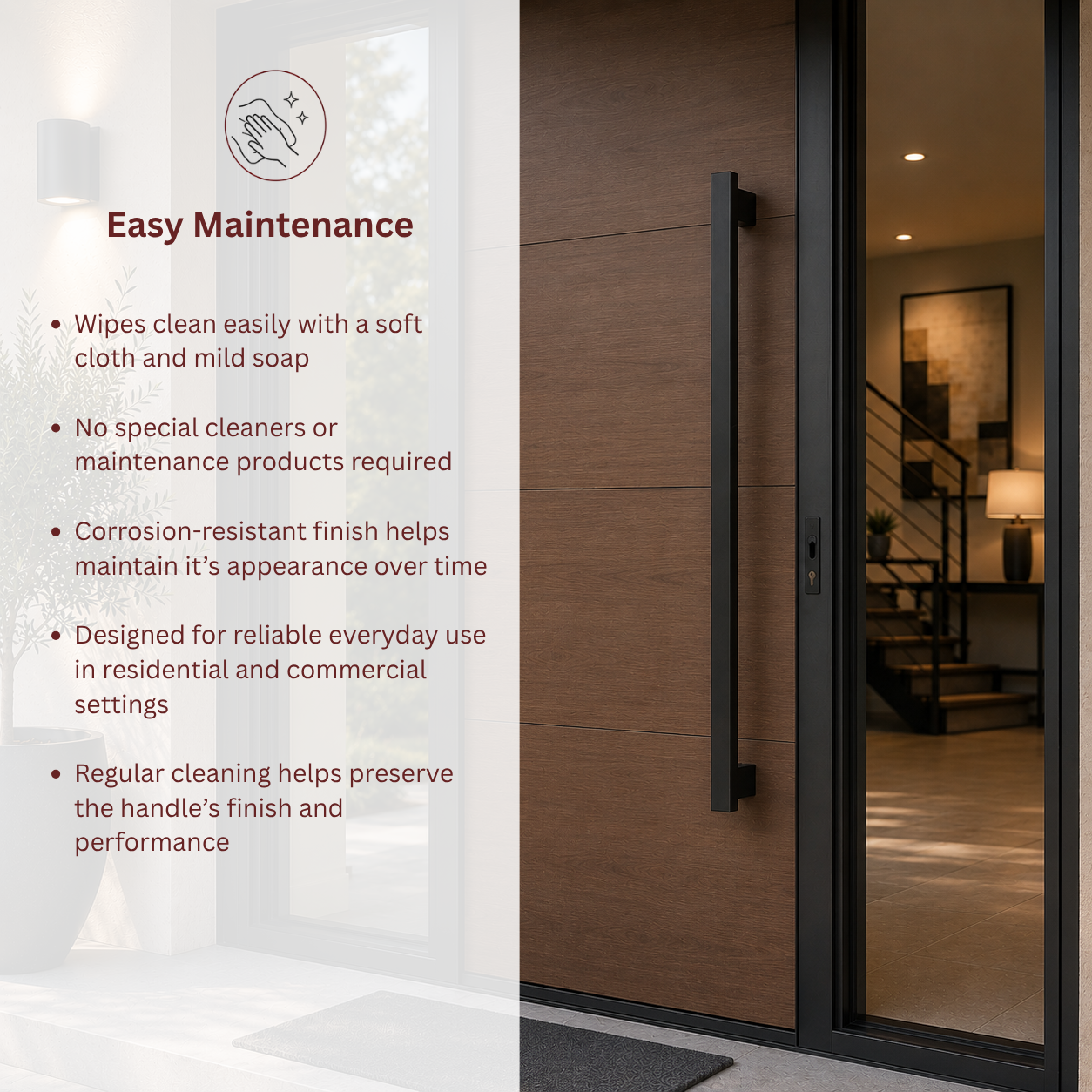 A modern brown exterior door with a slim vertical handle, shown in a real entryway setting with a glass side panel 

