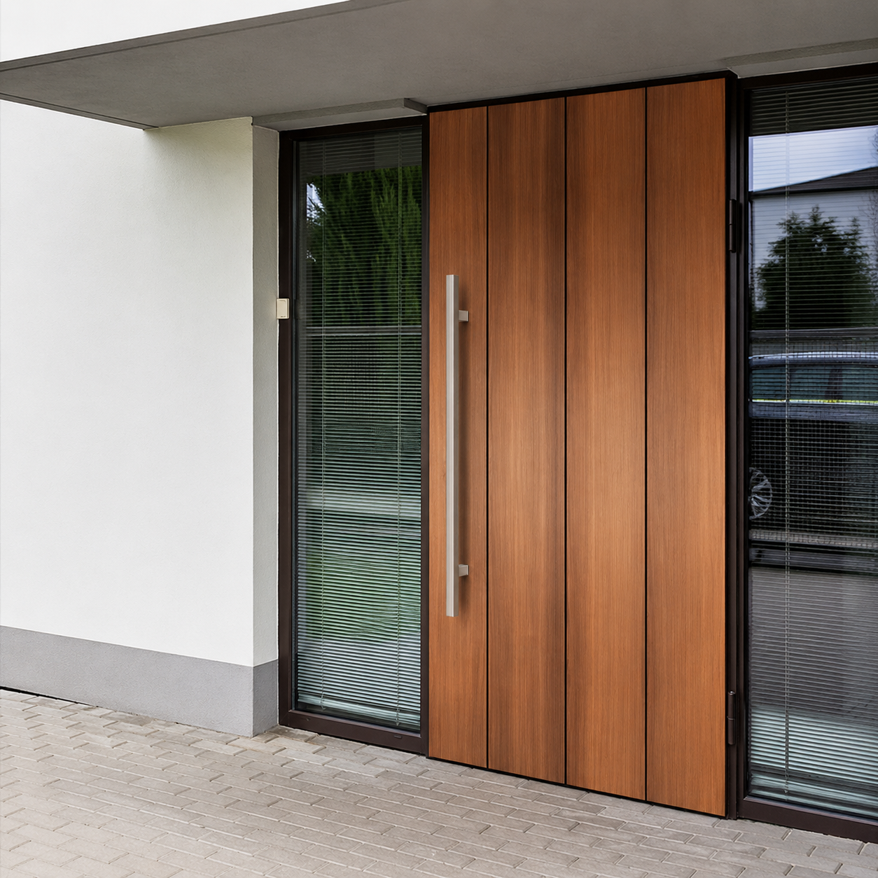 A satin round door handle installed in a brown door