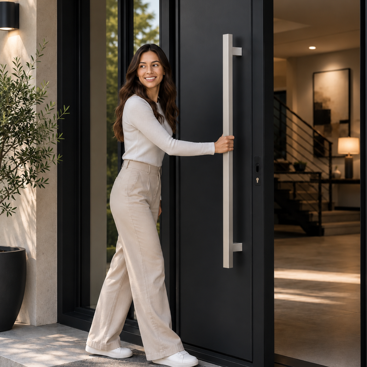 A woman holding the rectangle door pull handle going inside
