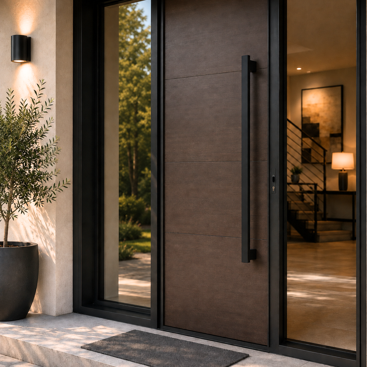 A black rectangle door handle installed in a brown door
