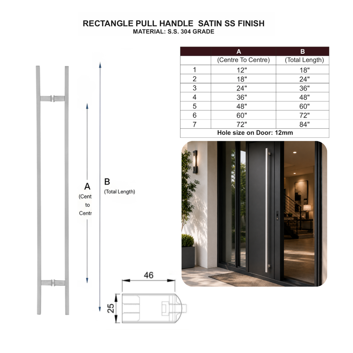 Technical specification and size chart for a satin stainless steel for rectangle door pull handle 
