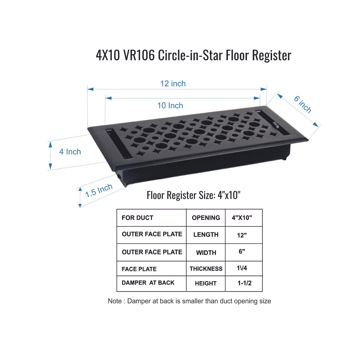 Size Guide Dimension of Floor Register 
