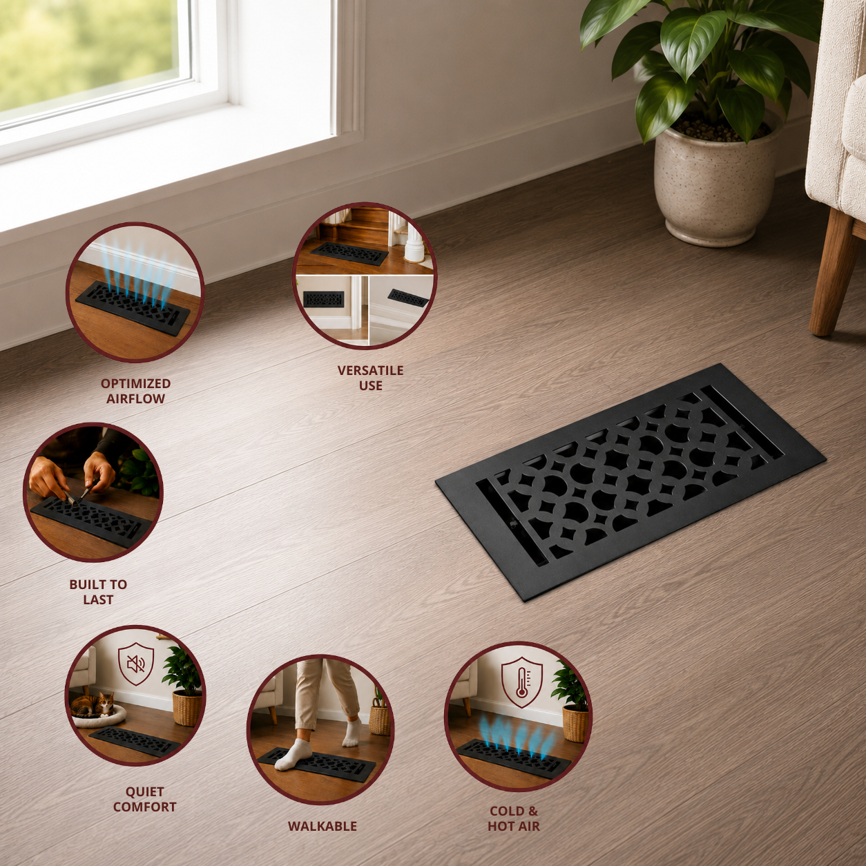 Cast Iron Floor Register 4" x 8” with Damper, Tudor Mushroom Design Vent Cover VR100