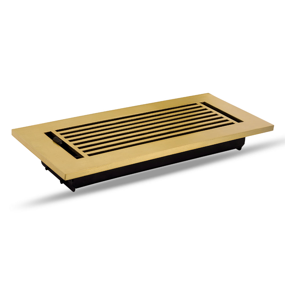 Floor Vent Cover / Register Size: 4” x 10” with Damper top faceplate outer size 6″ x 12”, thickness 5 mm, high-quality metal – cast aluminum brushed gold powder coated Re-paintable for floors, walls, and ceilings – Modern Linear Design (VR 109)