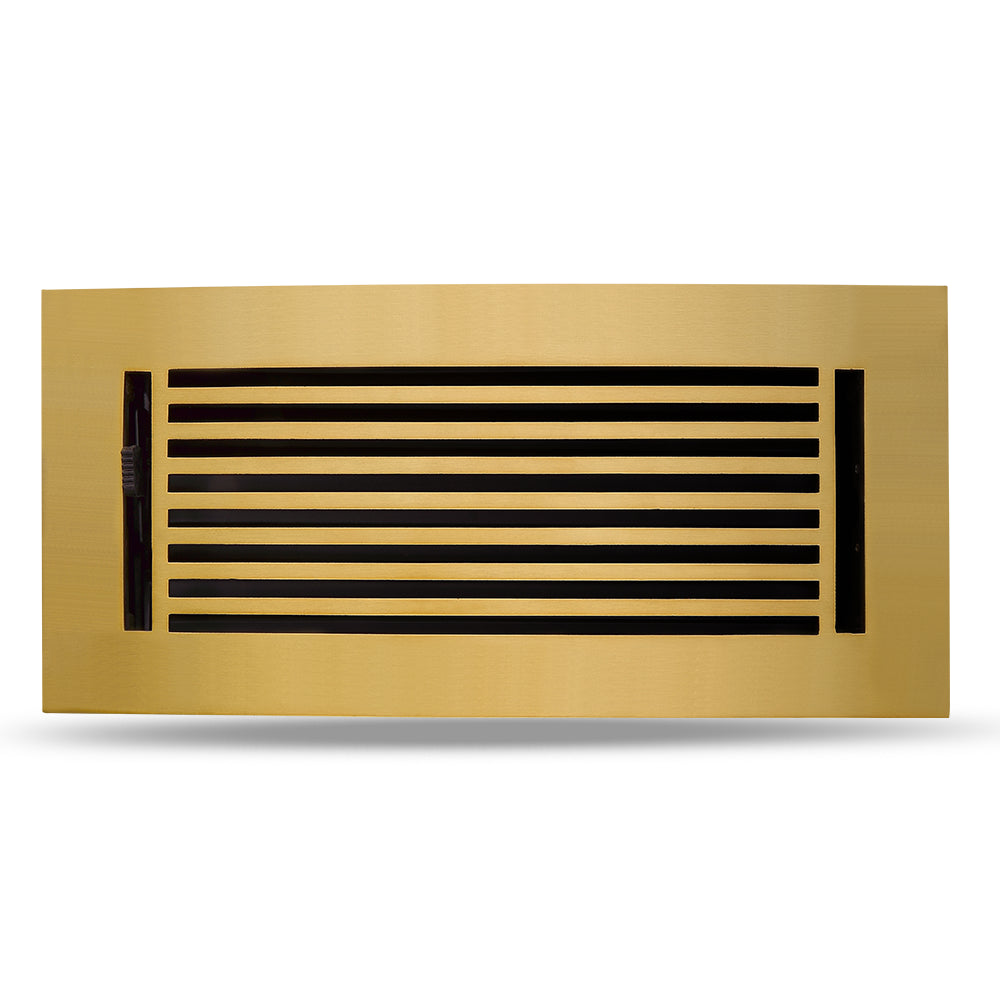 Floor Vent Cover / Register Size: 4” x 10” with Damper top faceplate outer size 6″ x 12”, thickness 5 mm, high-quality metal – cast aluminum brushed gold powder coated Re-paintable for floors, walls, and ceilings – Modern Linear Design (VR 109)