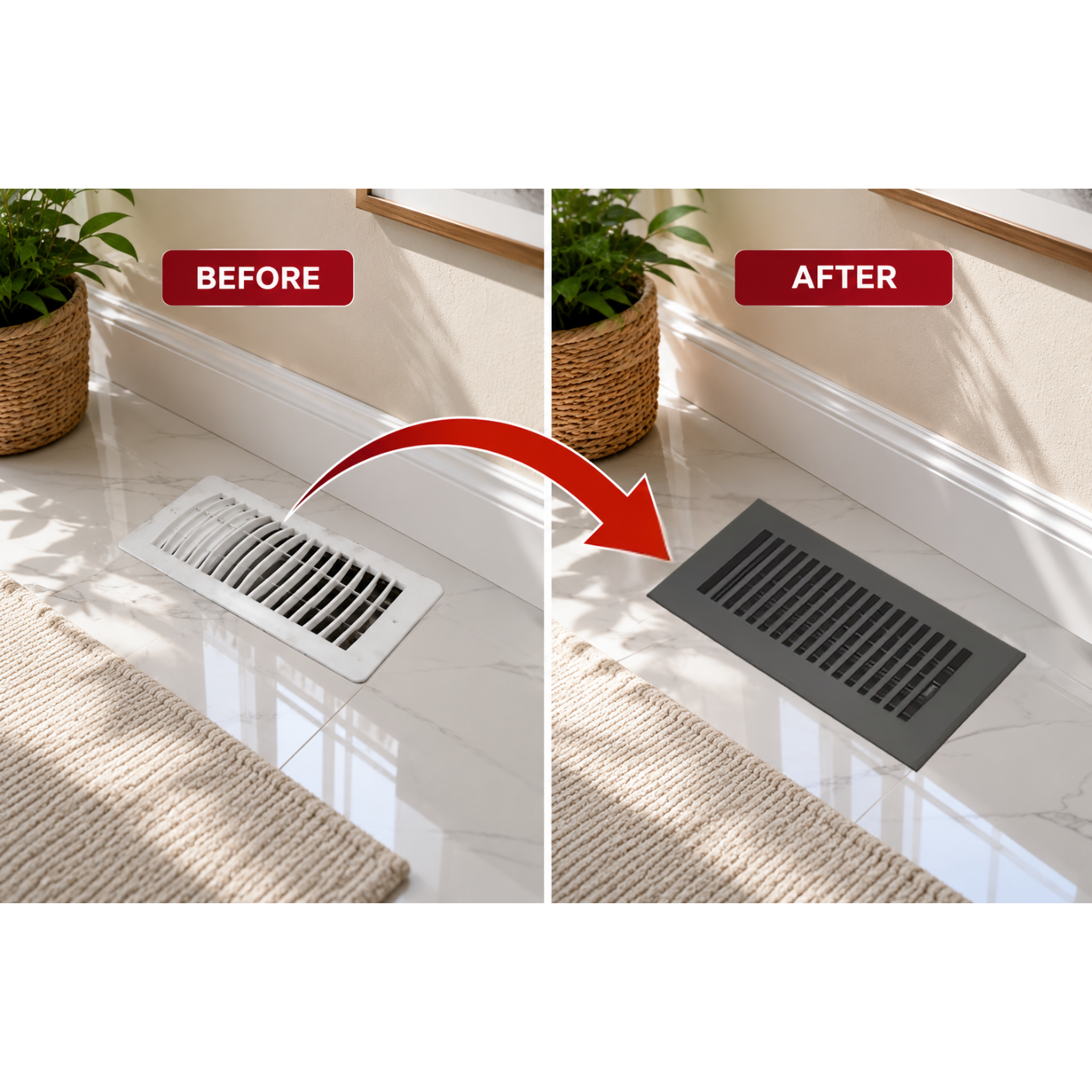 Before and after comparison of a floor vent cover installation.